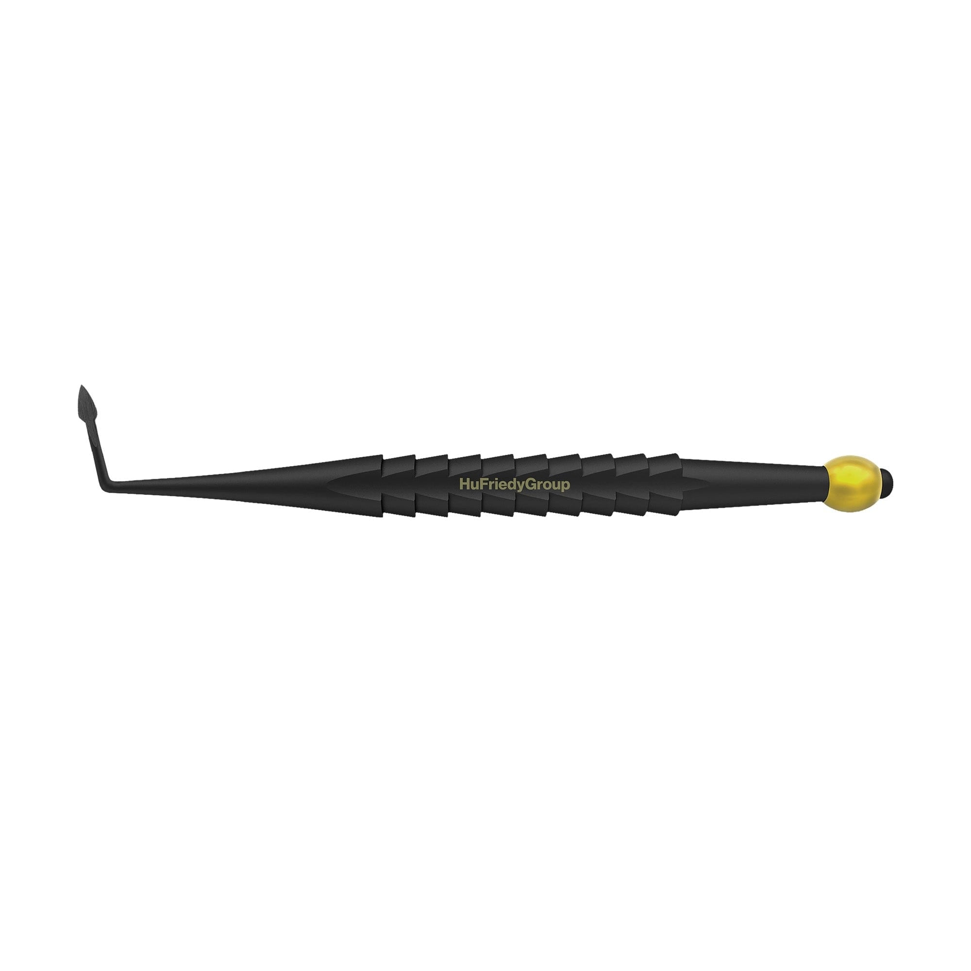 A black Hu-Friedy ProLux Elevator features a textured grip, angled metal tip, and yellow cap—part of the Hu-Friedy ProLux Elevators collection.