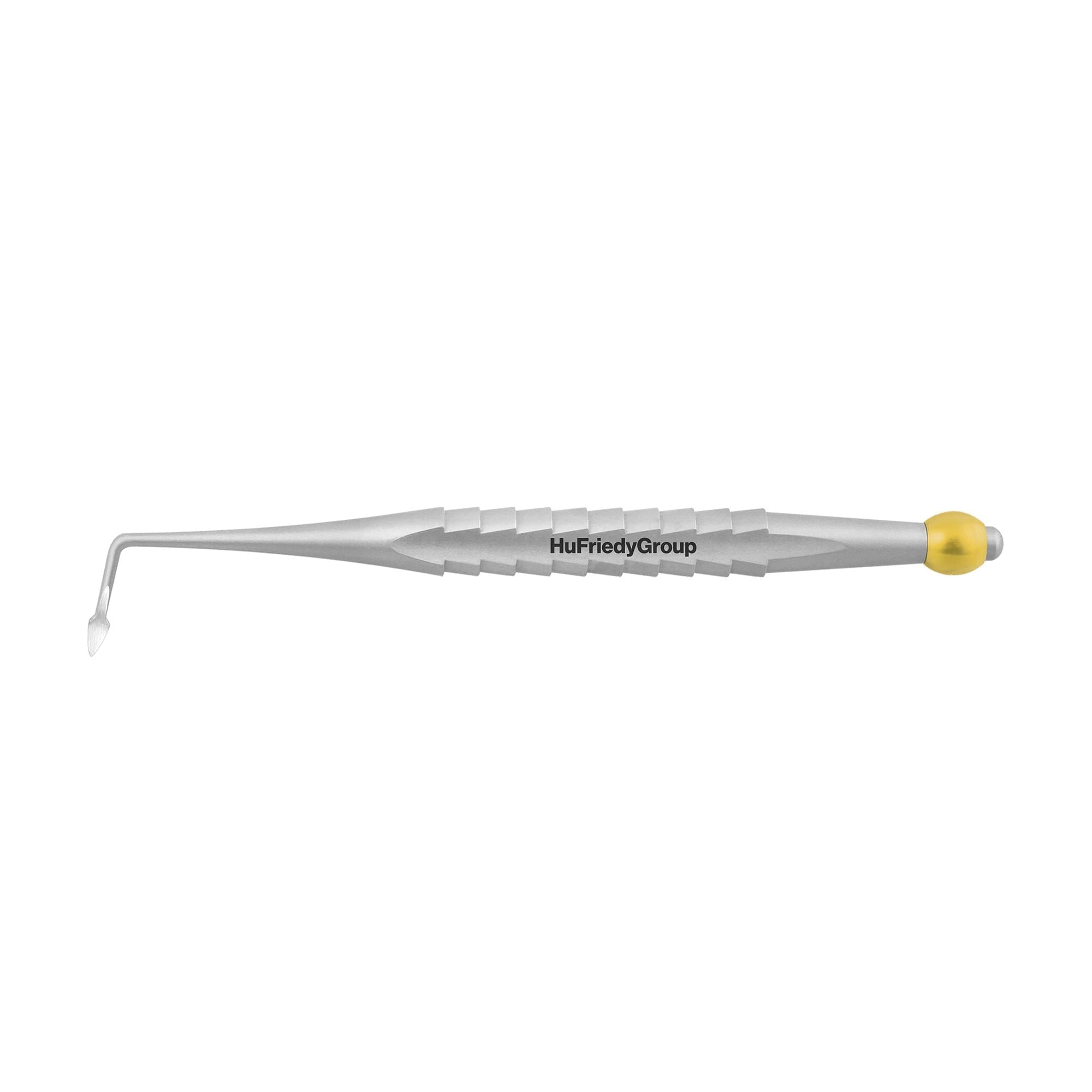 A stainless steel Hu-Friedy ProLux Elevator with a textured handle engraved with HuFriedyGroup, featuring an angled tip and a yellow cap, reflecting the premium quality of Hu-Friedy dental elevators.