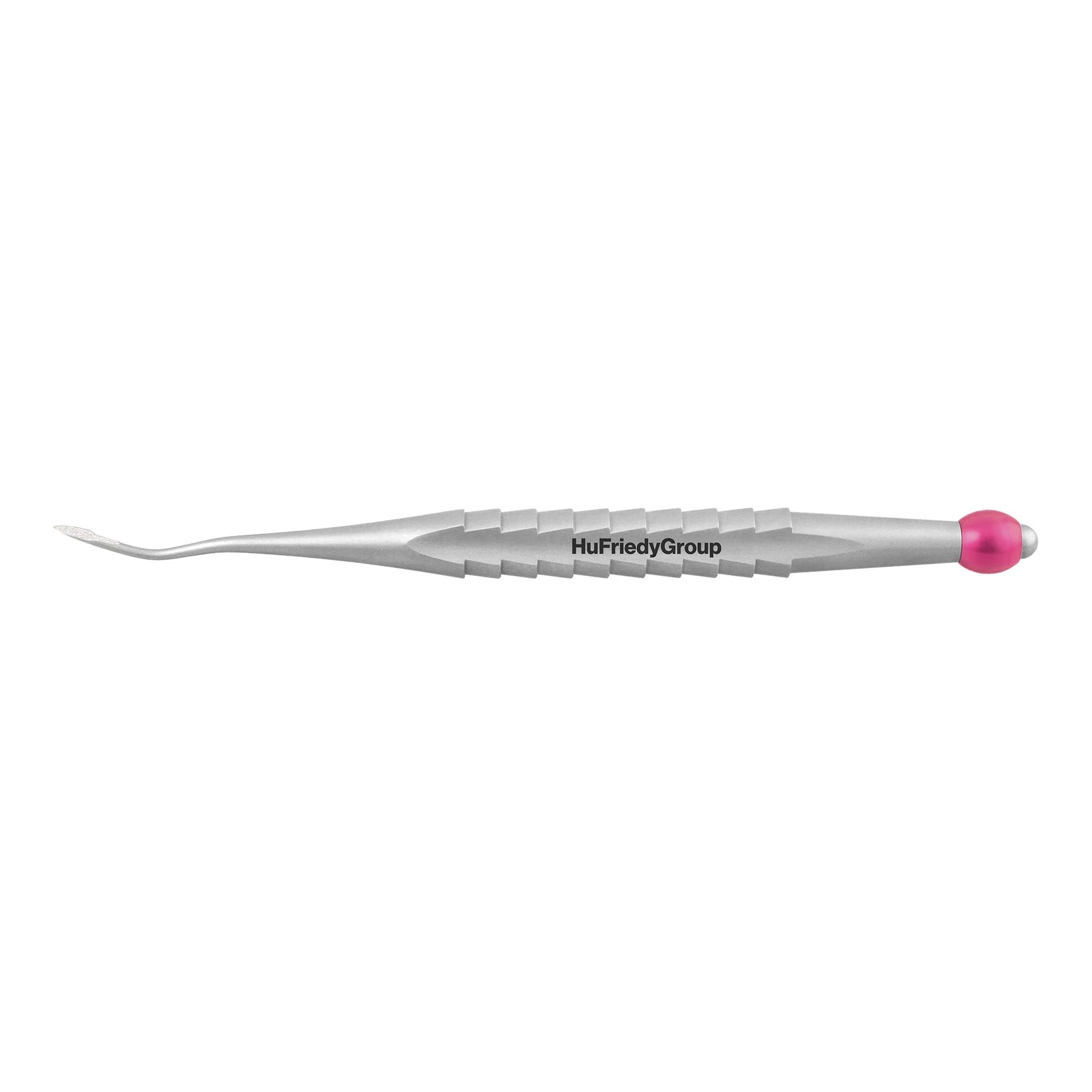 The Hu-Friedy ProLux Elevator is a metal dental tool with a textured grip, curved pointed tip, and pink end cap, featuring the HuFriedyGroup logo—designed for precise dental elevation.