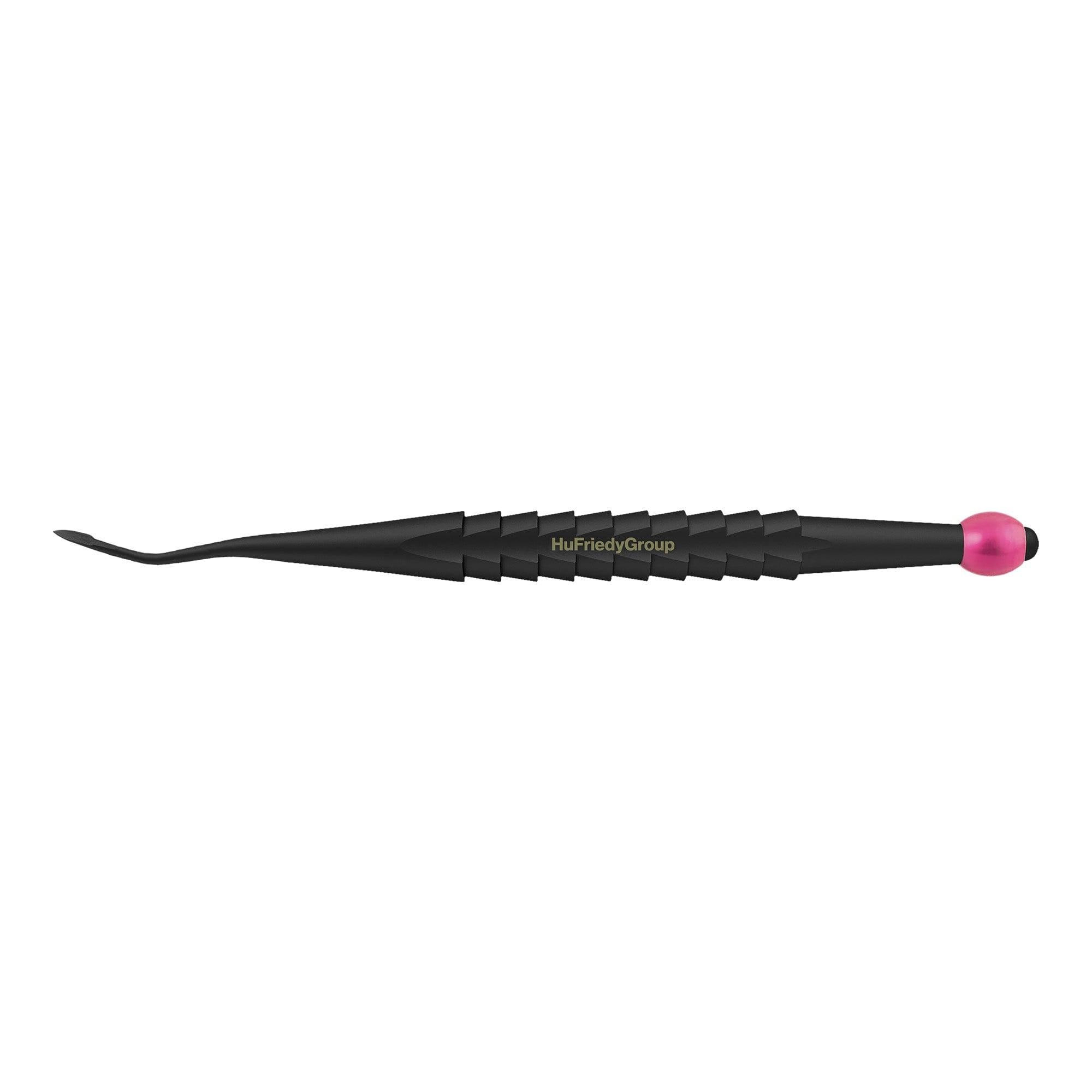 A black Hu-Friedy ProLux Elevator dental instrument with a textured grip, curved pointed tip on one end, a pink rounded cap on the other, and "HuFriedyGroup" branding—renowned for premium dental elevators.