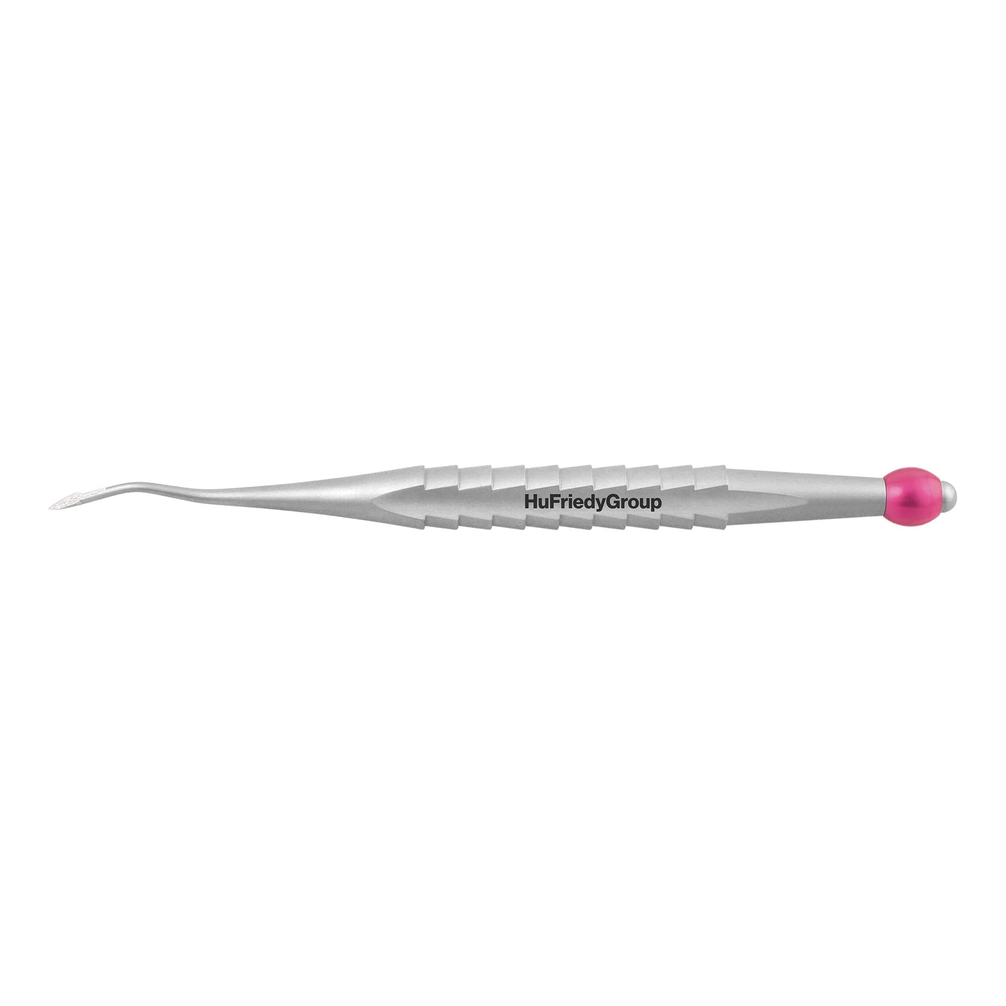 A metal dental instrument labeled Hu-Friedy, featuring a textured handle, a curved pointed tip, and a pink cap. This ProLux Elevator is designed for professional dental use.
