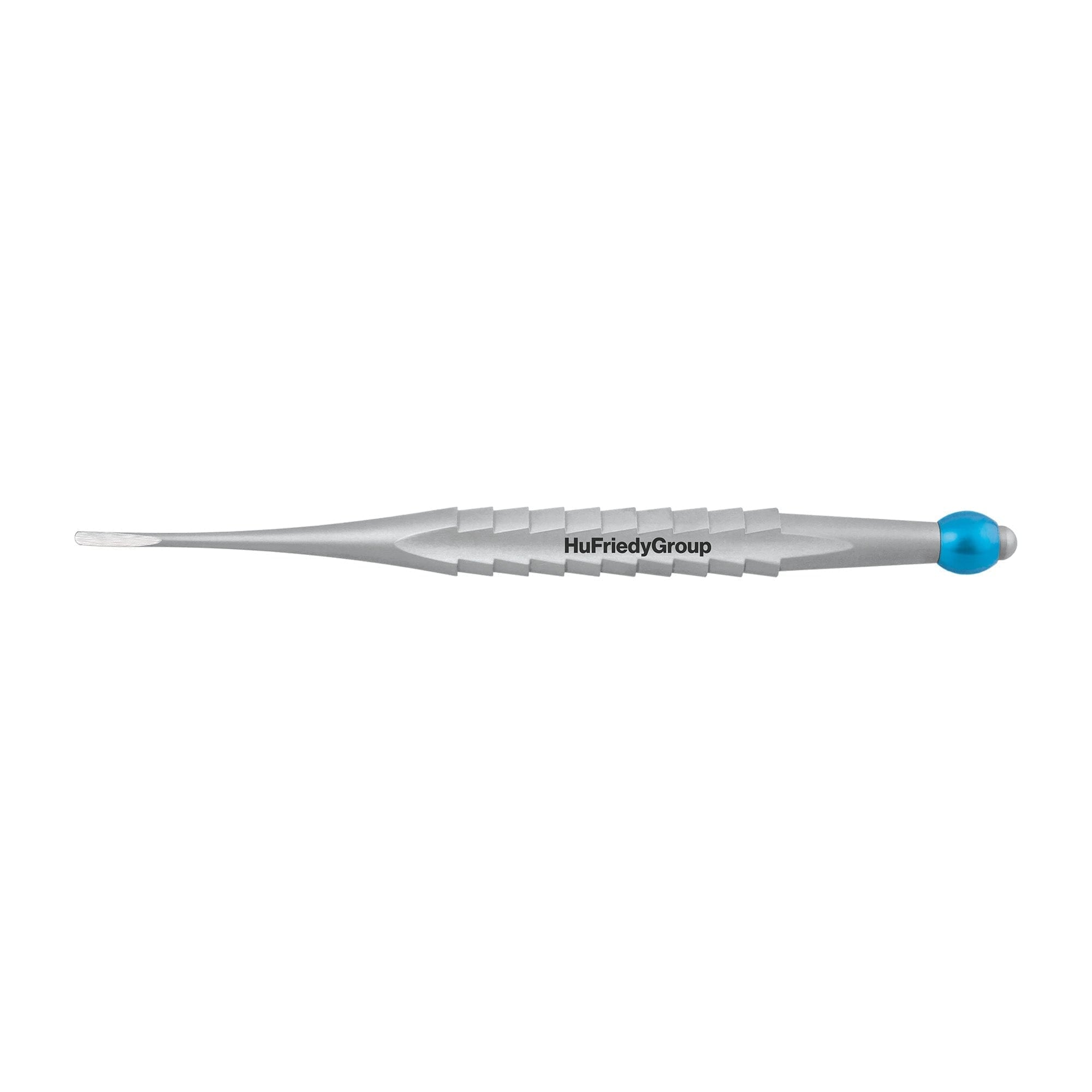 A metal dental instrument from the ProLux Luxating Elevators Kit of 4 by Hu-Friedy, with a textured grip, slim curved tip, and blue cap, designed for precision in dental procedures.