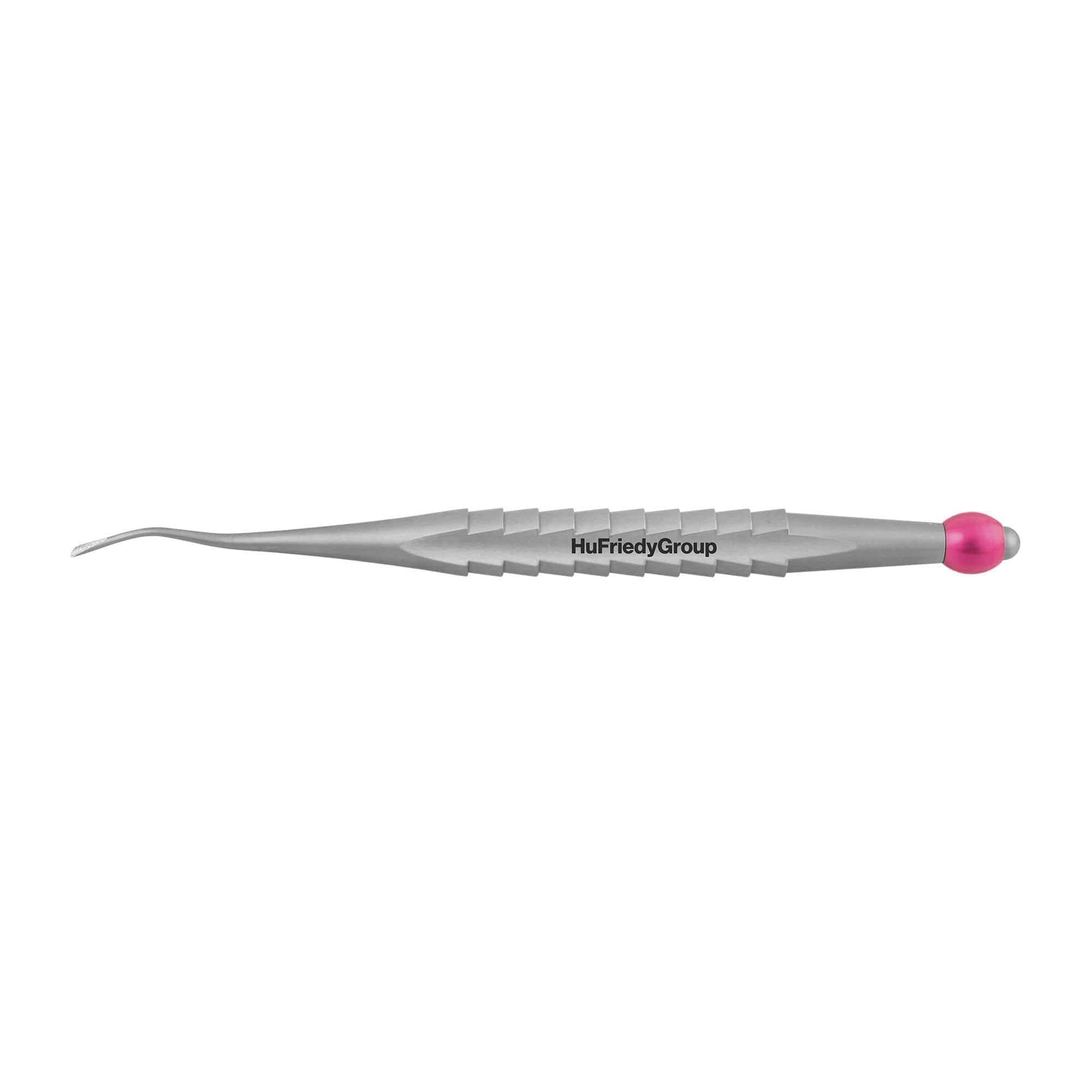 A stainless steel dental tweezer with a curved, pointed tip, grooved grip, Hu-Friedy branding, and a pink end cap—an ideal match for your Hu-Friedy ProLux Elevators and other dental instruments.
