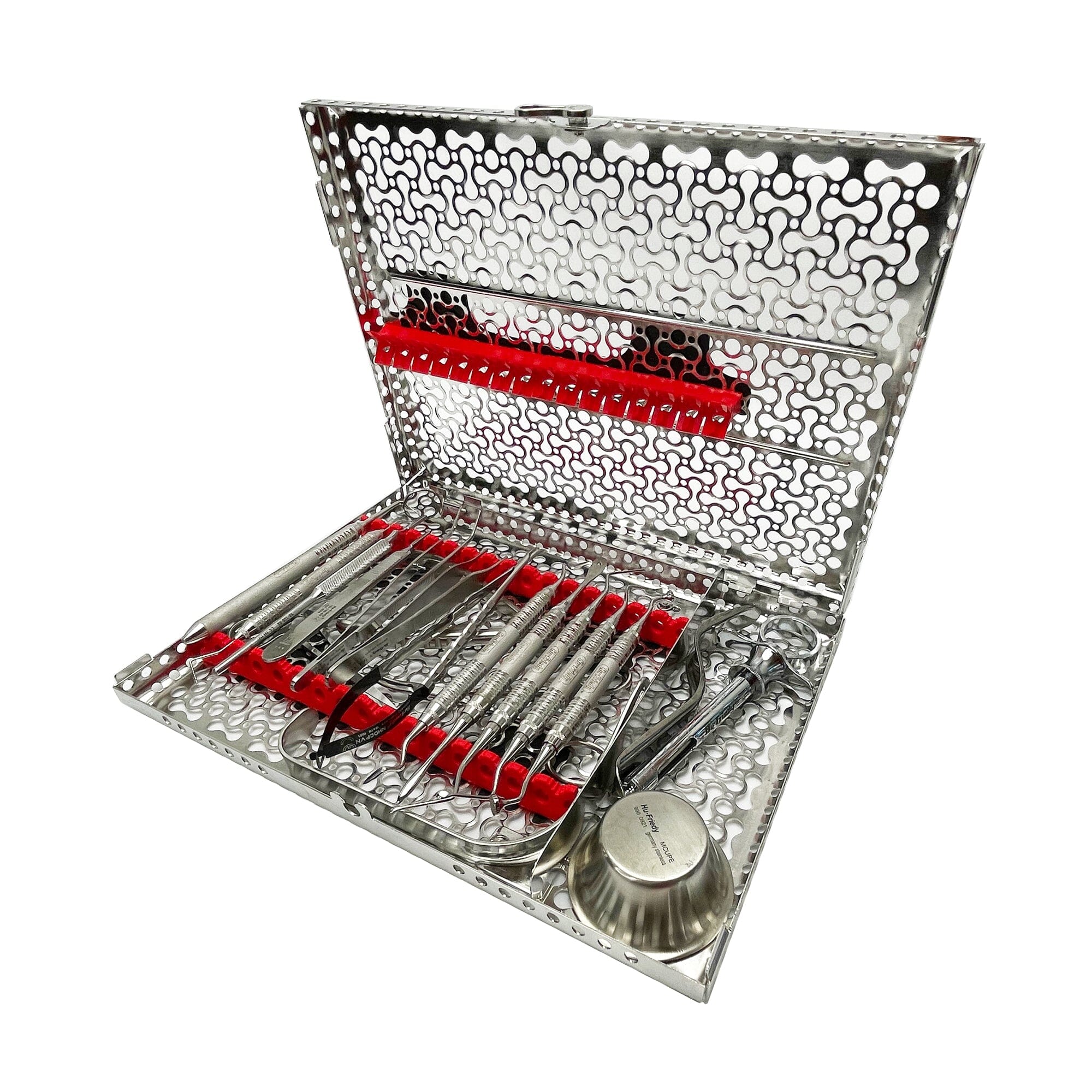 The Hu-Friedy Raymond Implant Instrumentitute Kit features a silver perforated case, opened to reveal neatly organized implant surgery tools secured by red holders, along with a metal bowl and various instruments inside.