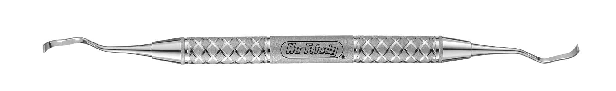 The Hu-Friedy #13K/TG DE Curette/Chisel with a #9 handle features a double-ended stainless steel design, central textured grip, and angled curved tips for dental procedures, shown on a white background.