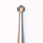 A close-up of the Dentech Surgical Burs – Round Carbide 141RF (RAXL Latch, 34mm) by Dentech, featuring a metal round cutting head for precision in implant surgery, set against a plain white background.