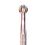 Close-up of a Dentech Surgical Bur – Round Carbide 141RF (RAXL Latch, 34mm), a small metallic bur with a ball-shaped tip and fluted edges, used for engraving, carving, or bone cutting in implant surgery.