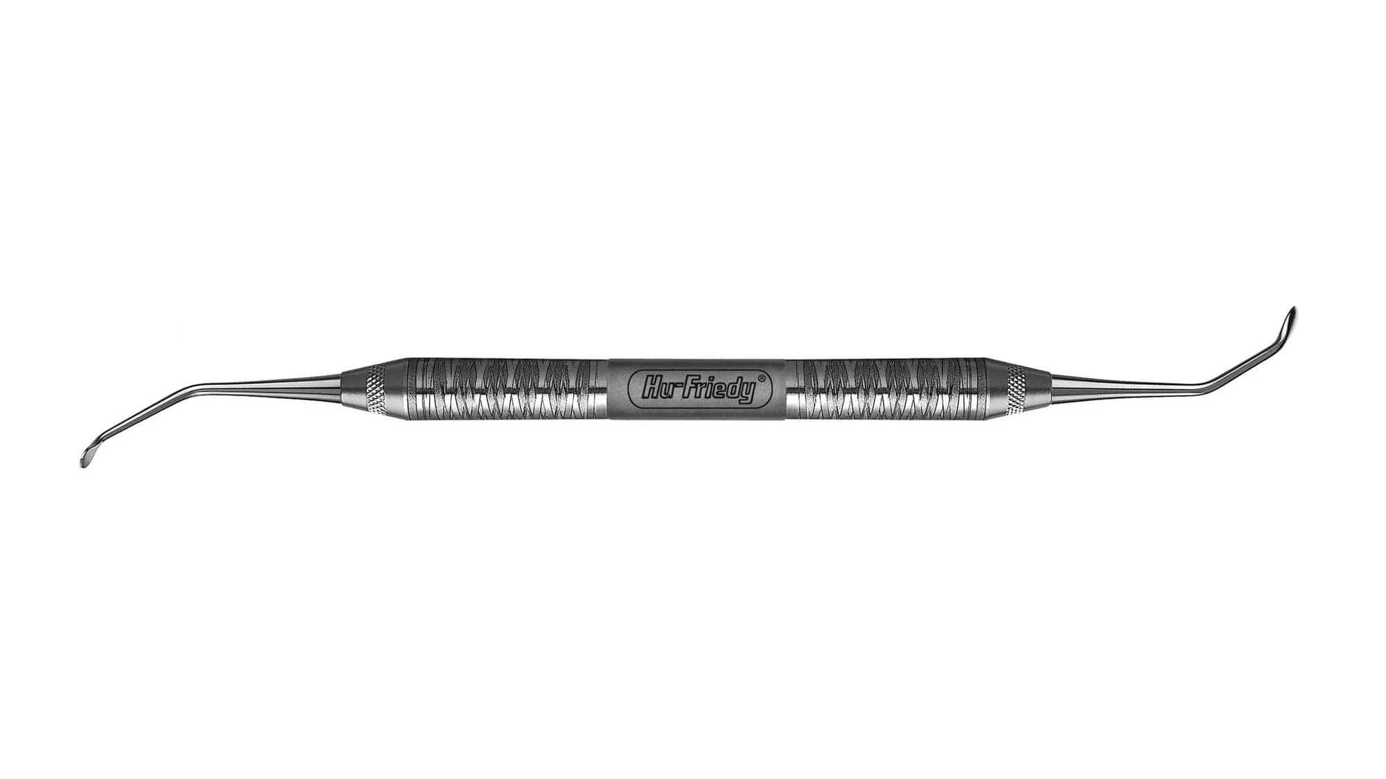 The Hu-Friedy Sinus Curette 2 is a double-ended stainless steel instrument with curved, pointed tips and a textured center grip, designed for precise work during sinus surgery.