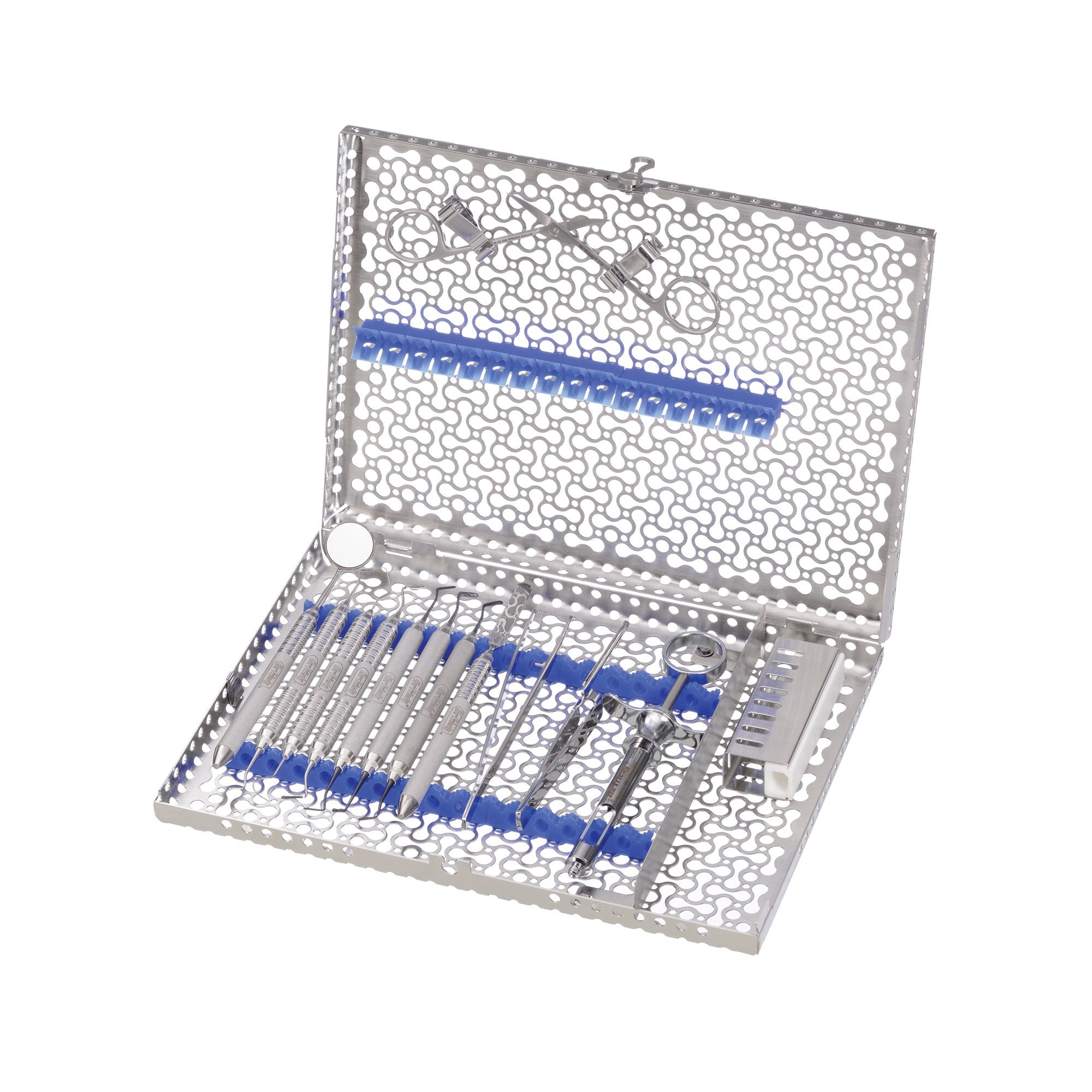 The Hu-Friedy Steigmann Kit, US features a perforated metal case with blue holders that keep microsurgical instruments organized both vertically and horizontally within the soft tissue kit.