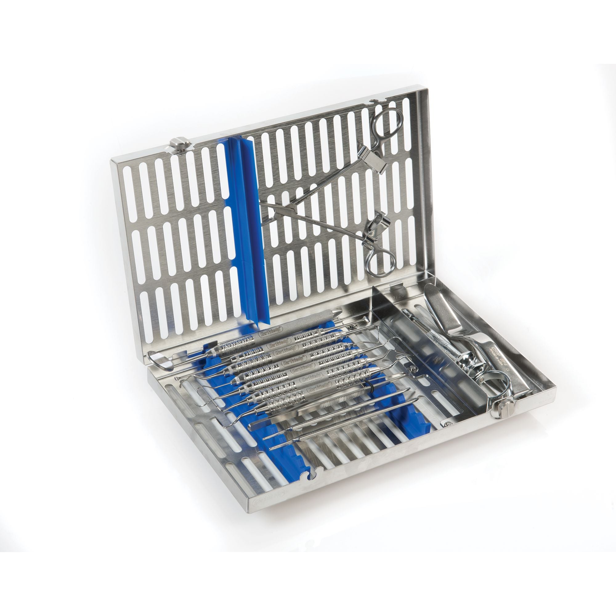 The Hu-Friedy Suzuki Basic Perio Surgery Kit includes assorted periodontal instruments in a slotted, open stainless steel case with blue silicone holders for organized storage.