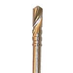 A close-up of a Dentech Twist Drill – Internal Cooling, a metallic implant osteotomy drill with spiral flutes designed for precise dental procedures.