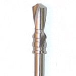 Close-up of a shiny Dentech Twist Drill – Internal Cooling, featuring a ridged shaft and distinct cutting head for implant osteotomy site preparation, set against a plain white background.