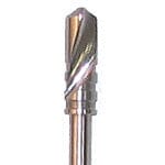 Close-up of a Dentech Twist Drill – Internal Cooling, an implant osteotomy tool with a spiral cutting edge, used for shaping or grinding hard materials in dental procedures.
