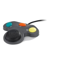 The W&H Foot Control for Implant Motors and Surgical Systems is a black adaptive controller with three large colored buttons (teal, orange, yellow) and a joystick, connected by cable, shown on a white background.