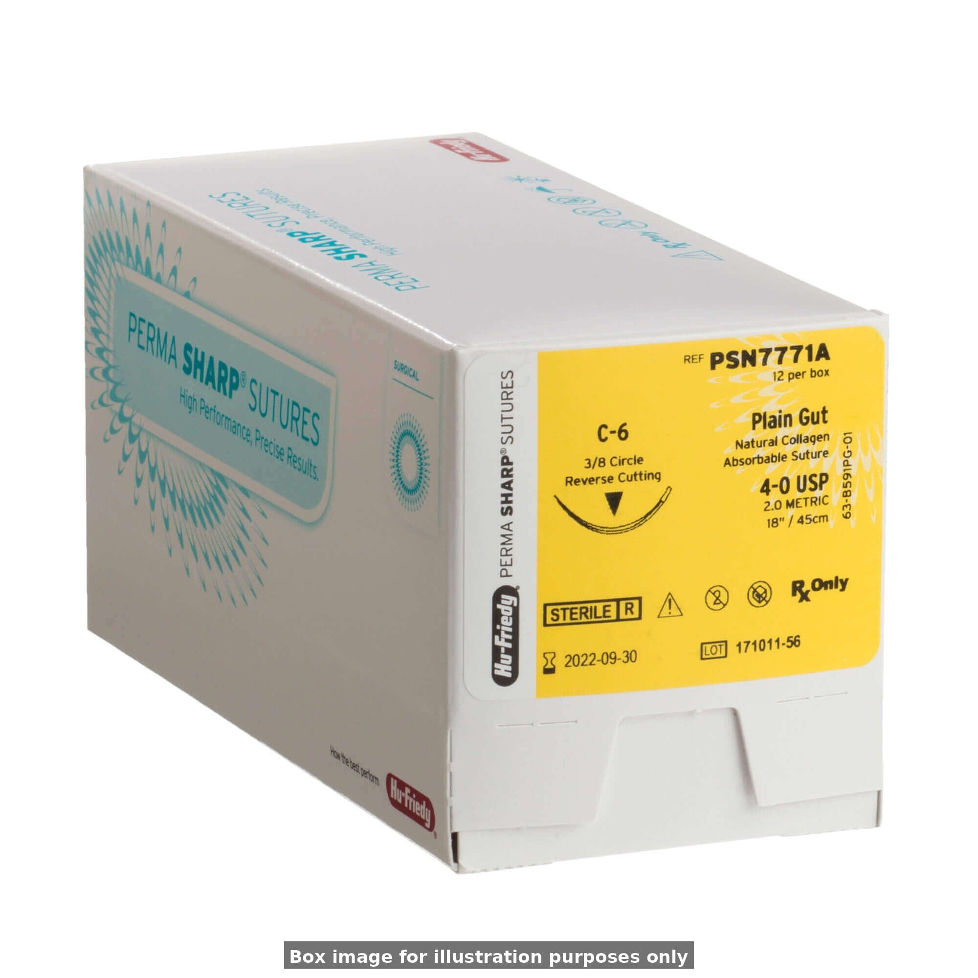 A white and yellow box of Hu-Friedy Plain Gut Sutures | Perma Sharp (4-0 USP, 18" length, absorbable, reverse cutting needle), individually packaged with barcode and front-printed expiration date.
