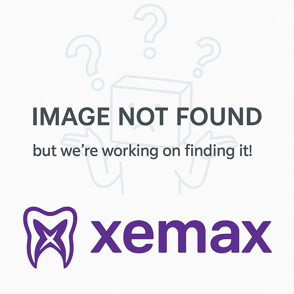 A placeholder image with "IMAGE NOT FOUND but we’re working on finding it!" above the purple Xemax logo (stylized tooth). In the background, a box-headed figure shrugs by a Hu-Friedy Palti Osteotome "Shaver" 27mm Interchan and question marks.