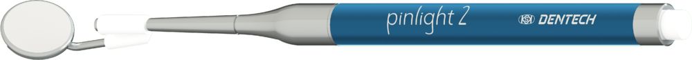 A close-up image of the PIN LIGHT 2 Caries Detection Light by Dentech, showing a blue and silver handle with branding and an autoclavable dental light for enhanced visibility during dental exams.