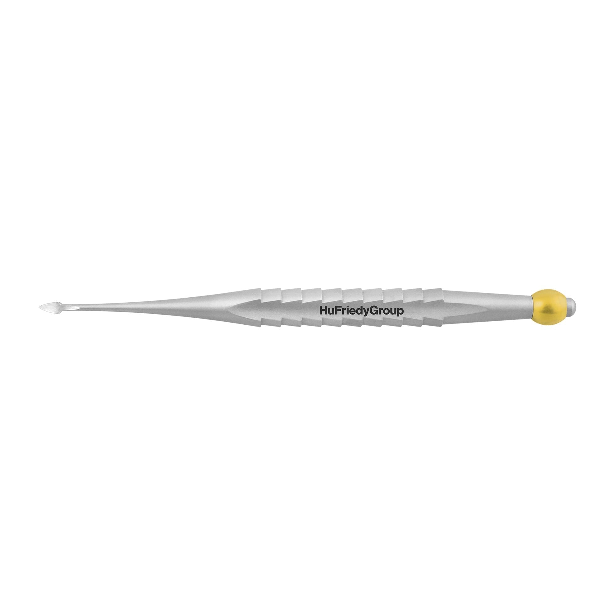 The Hu-Friedy ProLux Elevator is a stainless steel dental instrument with a textured handle, small flat tip, yellow accent at one end, and the Hu-Friedy brand name.