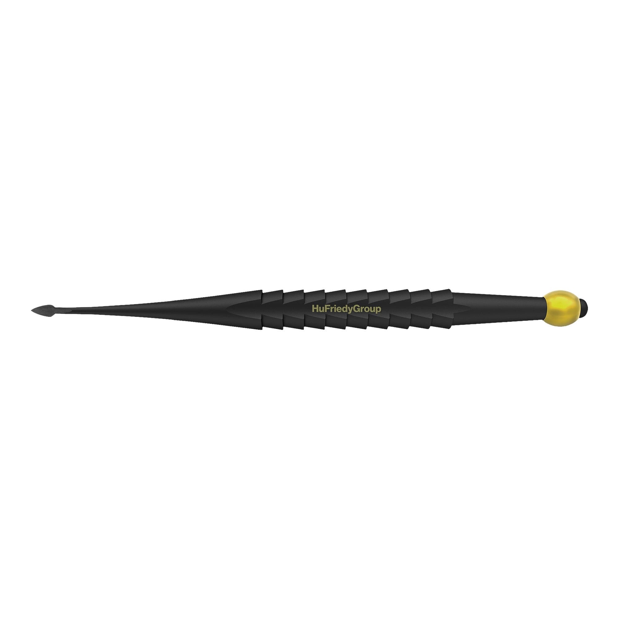 A black Hu-Friedy ProLux Elevator dental instrument with a narrow, slightly curved tip, textured spiral-patterned handle, yellow end cap, and the Hu-Friedy brand printed on the handle.