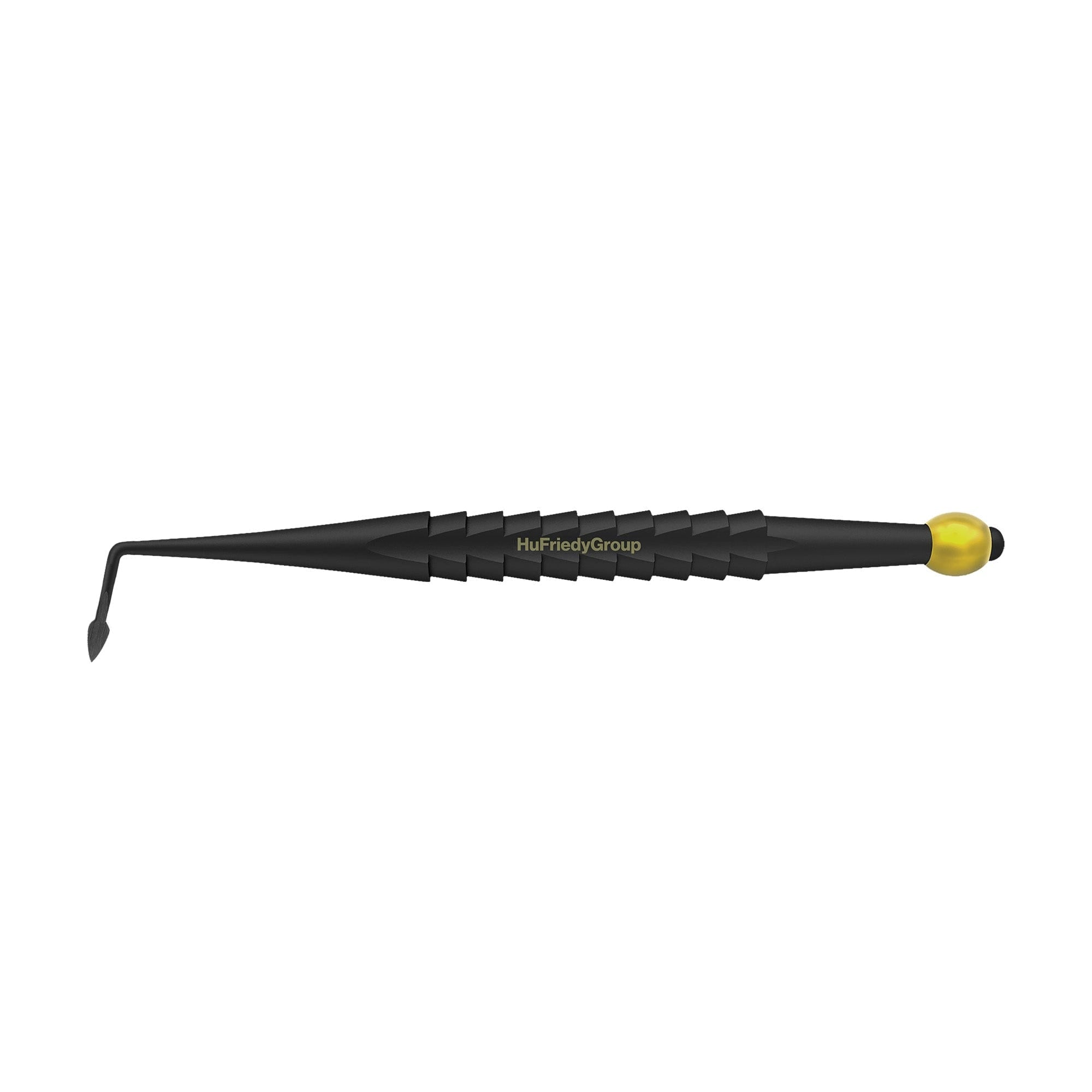 The Hu-Friedy ProLux Elevator is a black dental hand instrument with a textured handle, a pointed angled metal tip, and a rounded yellow cap. The Hu-Friedy logo is printed on the handle, underscoring its quality among dental elevators.