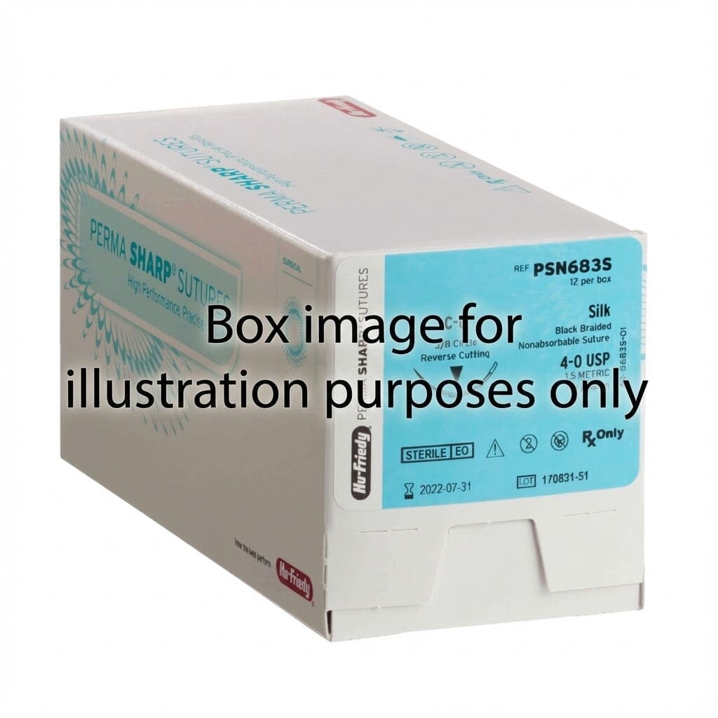 A white and blue box labeled Hu-Friedy Silk Sutures | Perma Sharp | Non-Absorbable Braided Dental Sutures, with product details and a front note: "Box image for illustration purposes only.