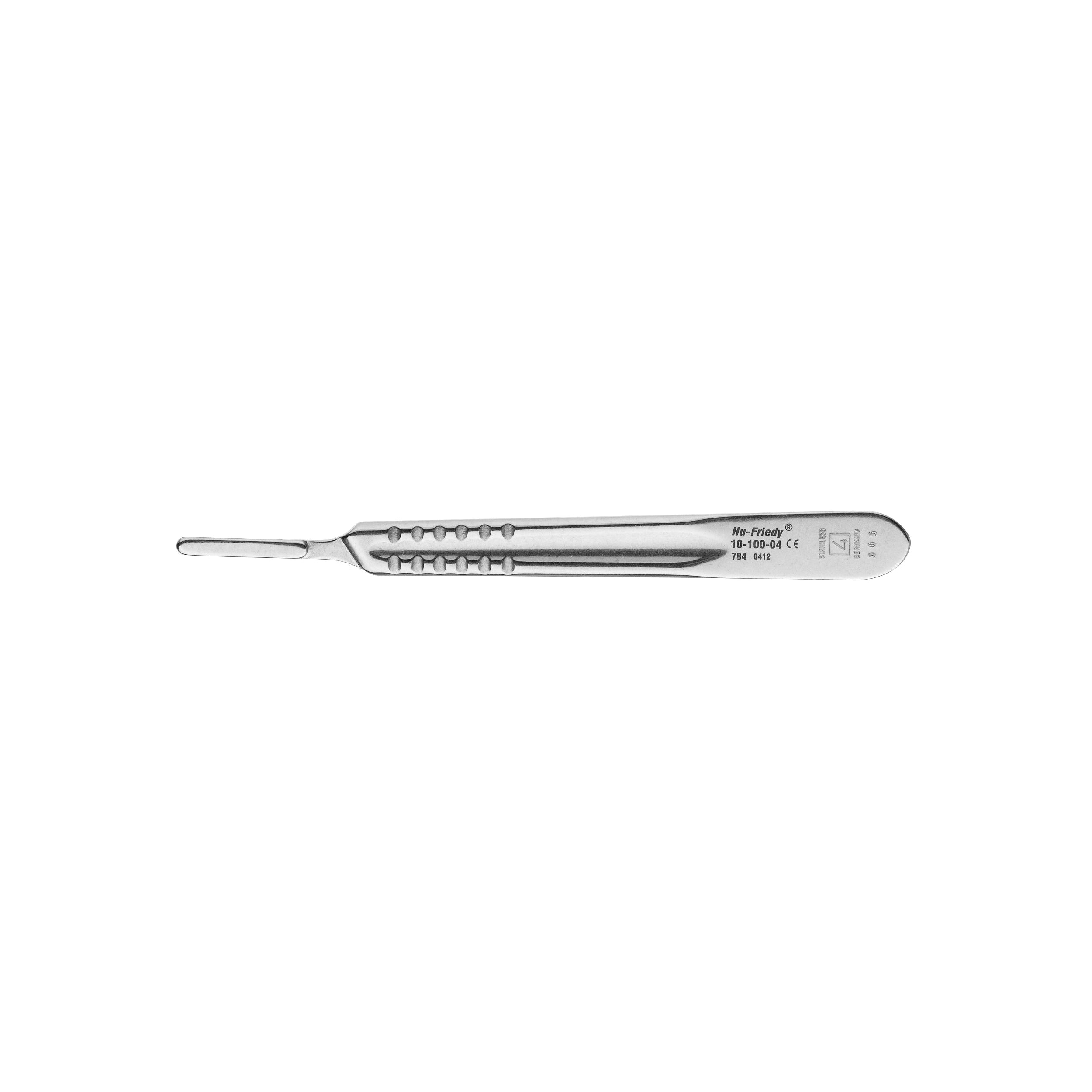 The Hu-Friedy #4 Scalpel Handle, a flat stainless steel dental surgery instrument is shown against a plain white background.