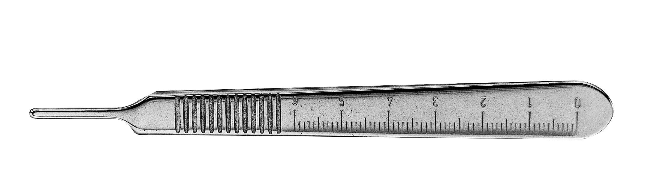 The Hu-Friedy #3 Scalpel Handle, a stainless steel dental surgery instrument with an etched ruler on its side, is shown against a plain white background.