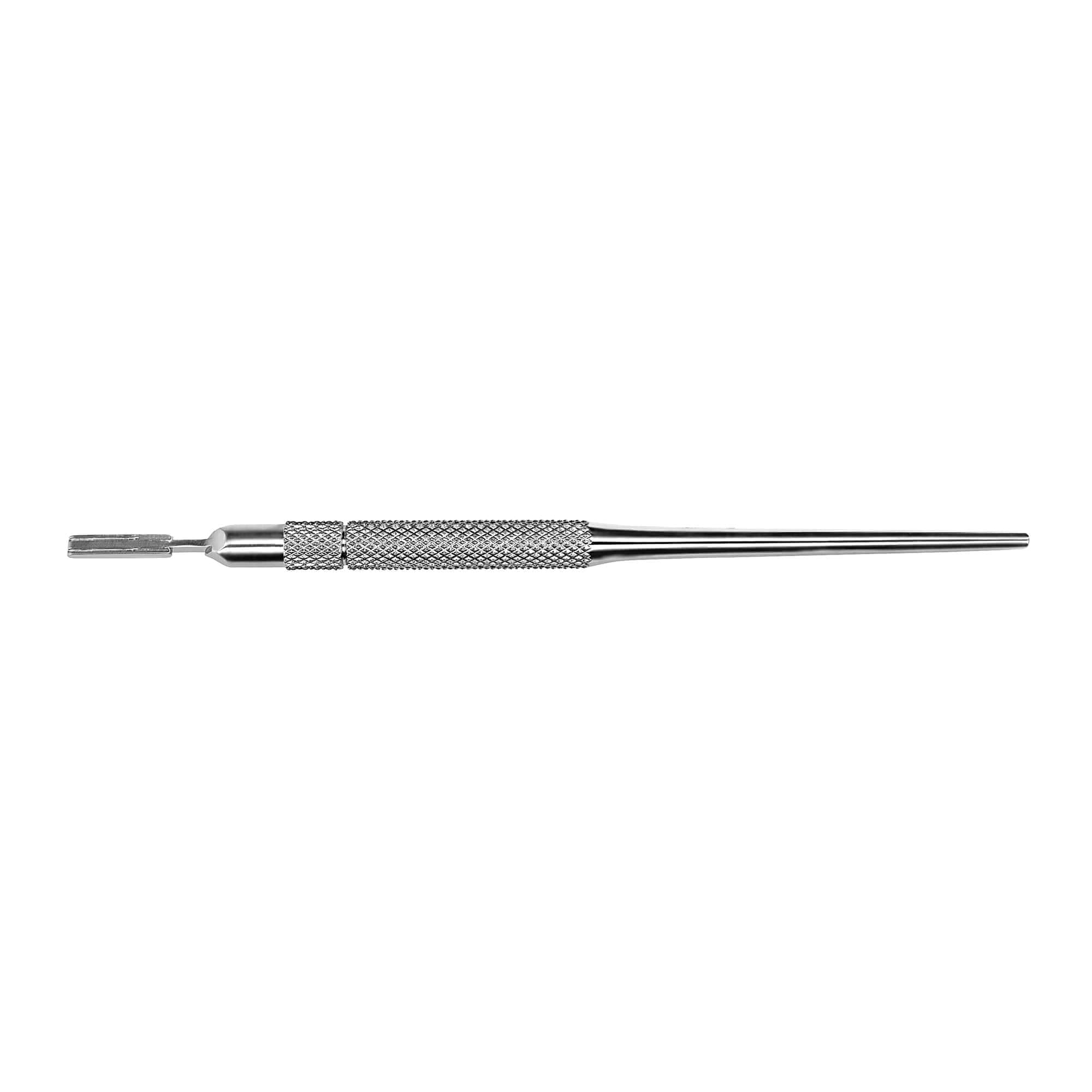 The Hu-Friedy 5D 1mm Double Scalpel Handle  is a stainless steel dental surgery instrument with a textured grip, flat ridged tip, and tapered end, shown on a white background.