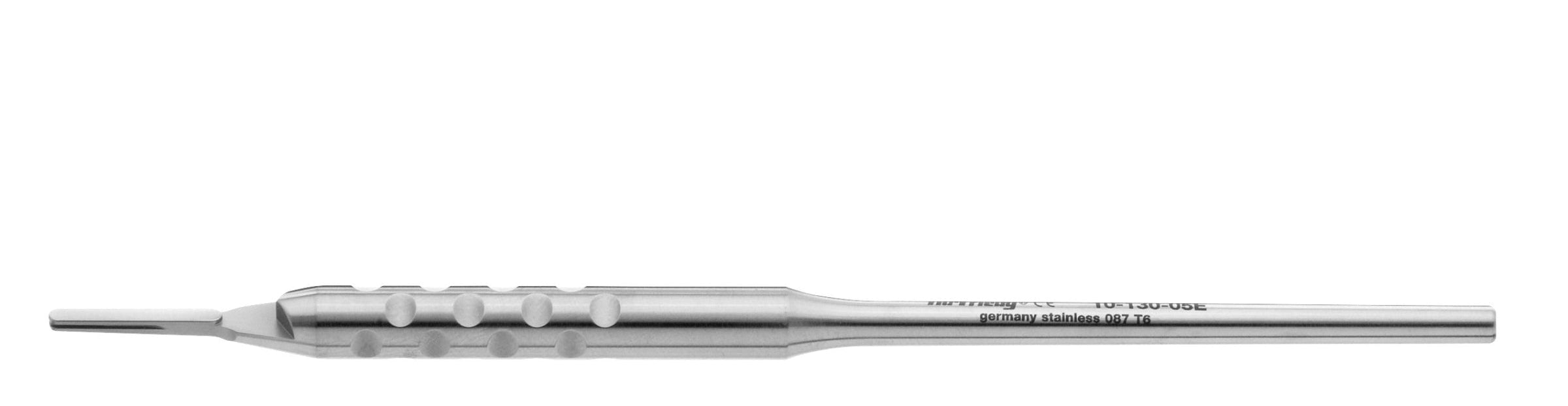 A Hu-Friedy No 5 European Style Scalpel Handle with a textured grip and flat, notched tip is shown lying horizontally on a white background.