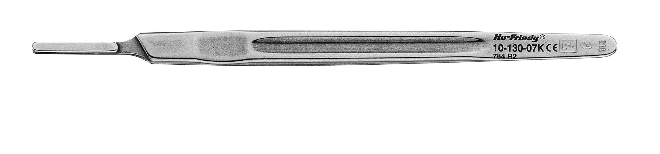 The Hu-Friedy 7K Scalpel Handle, a stainless steel dental surgery instrument is shown against a plain white background.