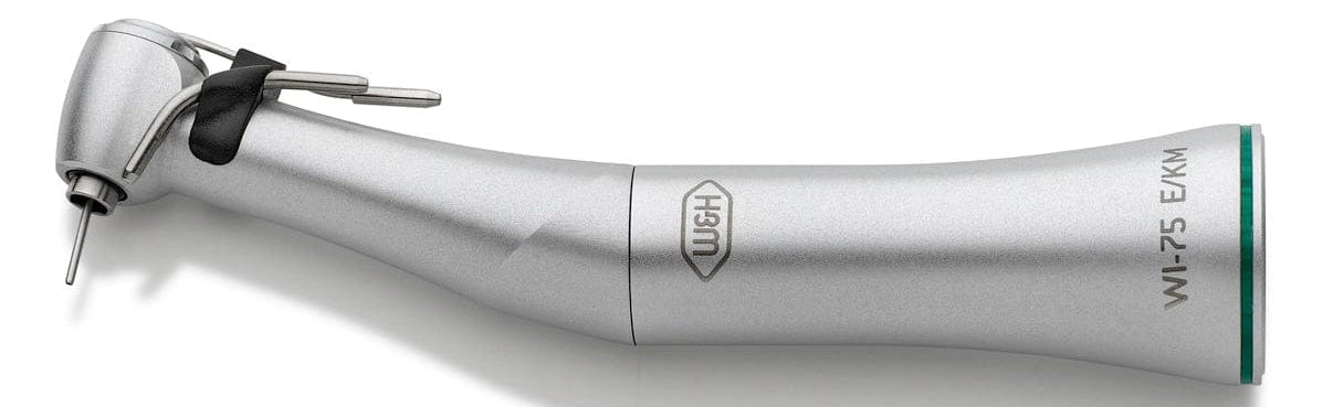 The W&H WI-75 E/KM Implant Contra-Angle Handpiece (20:1) features a silver, ergonomic design with a small drill bit at the angled tip and a visible latch mechanism, ideal for implant placement procedures.