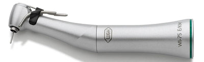 The W&H WI-75 E/KM Implant Contra-Angle Handpiece (20:1) features a silver, ergonomic design with a small drill bit at the angled tip and a visible latch mechanism, ideal for implant placement procedures.