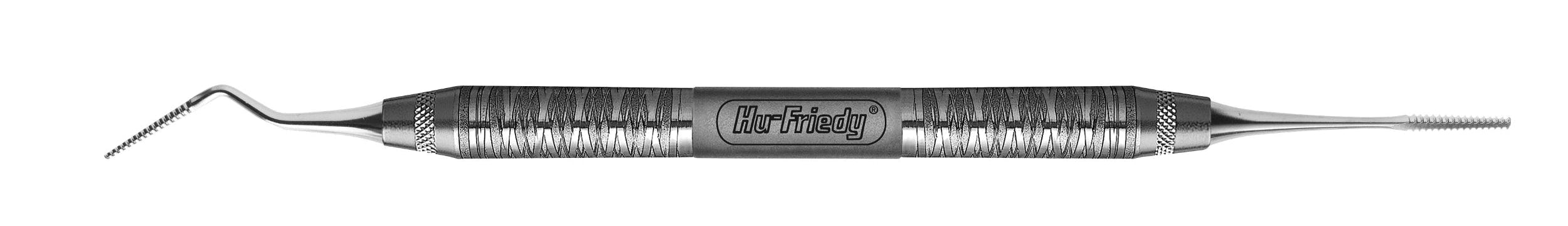The Hu-Friedy Buck Periodontal Surgical File is a double-ended stainless steel instrument with textured grips, featuring interproximal access: one serrated angled tip and one straight pointed end. The Hu-Friedy brand is engraved at the center.