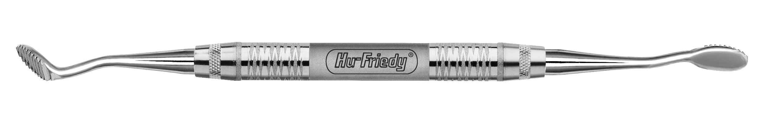 The Hu-Friedy Howard Bone File is a surgical-grade stainless steel dental tool with scooped and ridged ends, engraved with the Hu-Friedy brand, designed for precise dental procedures.