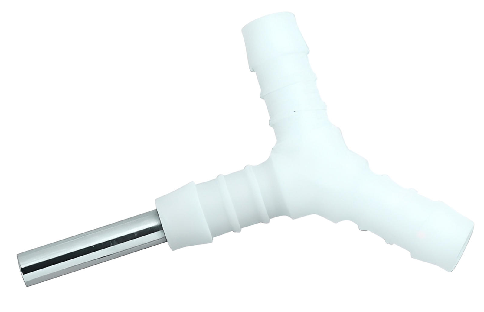 The Quality Aspirators Tubing Connector – Reducing Y for surgical tubing features two ribbed branches and one metal cylindrical branch, ideal for joining hoses in medical or laboratory environments.