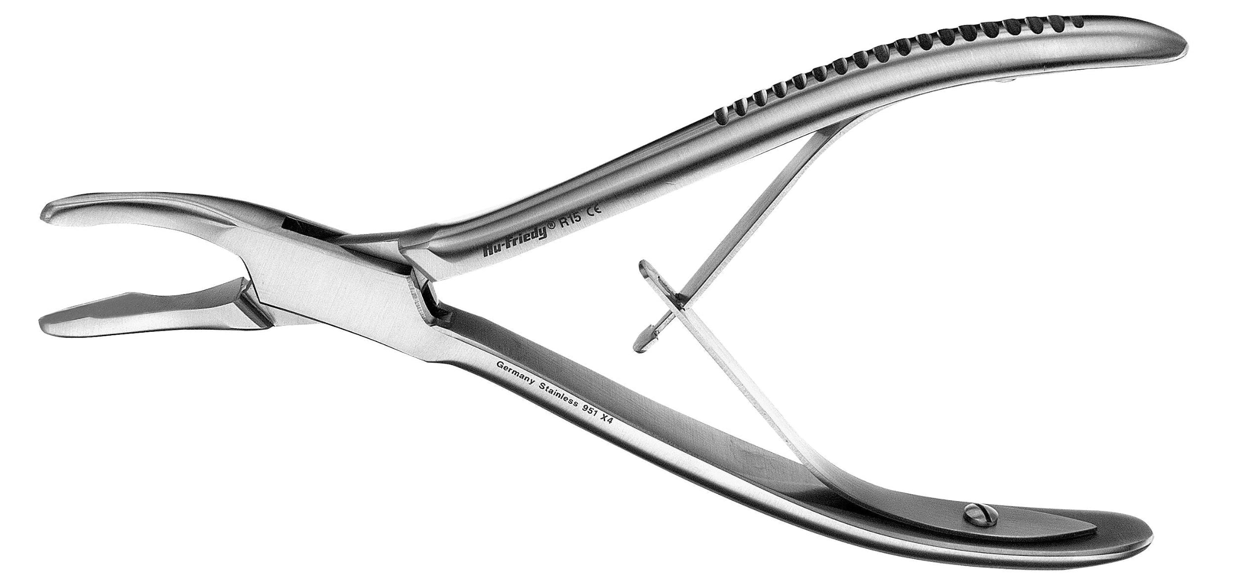 The Hu-Friedy Numbered Pattern Rongeurs (R1, R15, R18, R5) are metal surgical tools with curved handles and sharp jaws, designed by Hu-Friedy for cutting or removing alveolar bone or tough tissue in oral surgery.