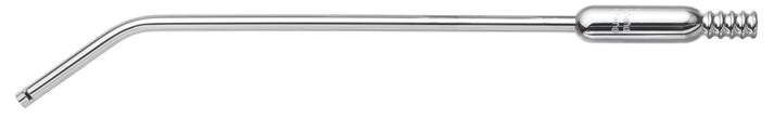 The Quality Aspirators Surgical Aspirator – 4.0 mm fits 1/4" surgical tubing (7.5" or 8.5") and features a bent tip, smooth cylindrical handle, coiled textured grip, and tissue relief slots for efficient suction in medical procedures.