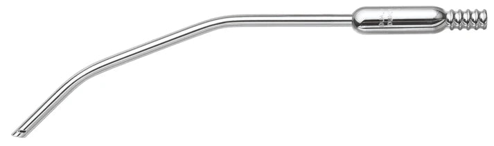 A close-up of the Quality Aspirators Surgical Aspirator – Double Bend with Tissue Relief Slots, featuring a slightly bent, narrow 1/4" surgical tube (7.5" or 8.5") designed for easy attachment.