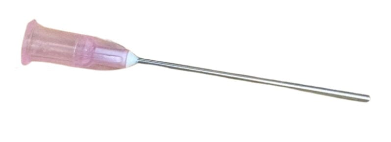 The Disposable Luer Lock Needles for LLSXN Suction Tip by Quality Aspirators feature a pink plastic hub and thin metal shaft, ideal for use as irrigation or luer lock needles in medical procedures.