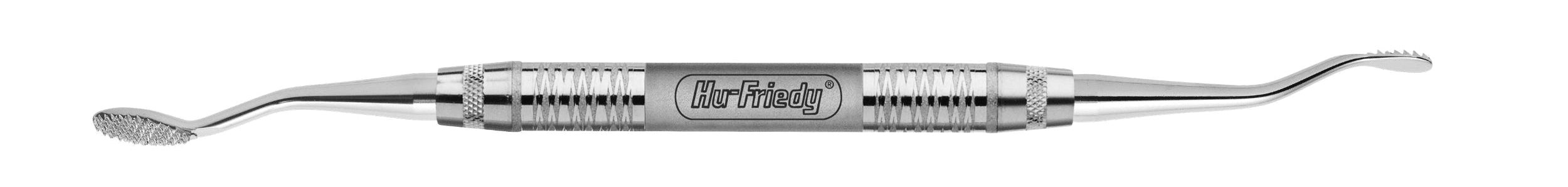 The Hu-Friedy Miller Colburn Files is a double-ended surgical-grade stainless steel instrument with textured grips; one end is flat and rough, the other thin and curved. "Hu-Friedy" is engraved at the center.