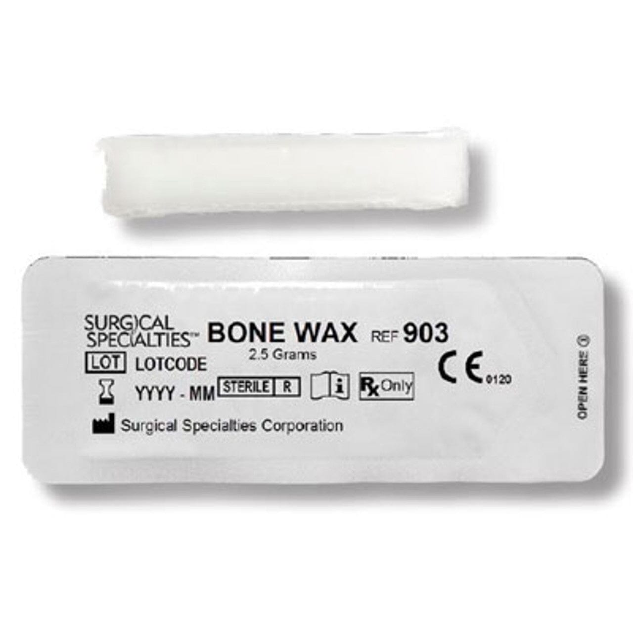 A white rectangular stick of Look® Bone Wax - White, a bone hemostatic from brand Look, is displayed above packaging labeled Bone Wax REF 903, 2.5g, featuring sterile and regulatory information.