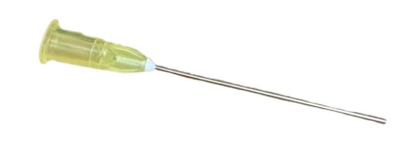 A single Quality Aspirators Disposable Luer Lock Needle for LLSXN Suction Tip, featuring a yellow plastic hub and a long, thin metal shaft, isolated on a white background.