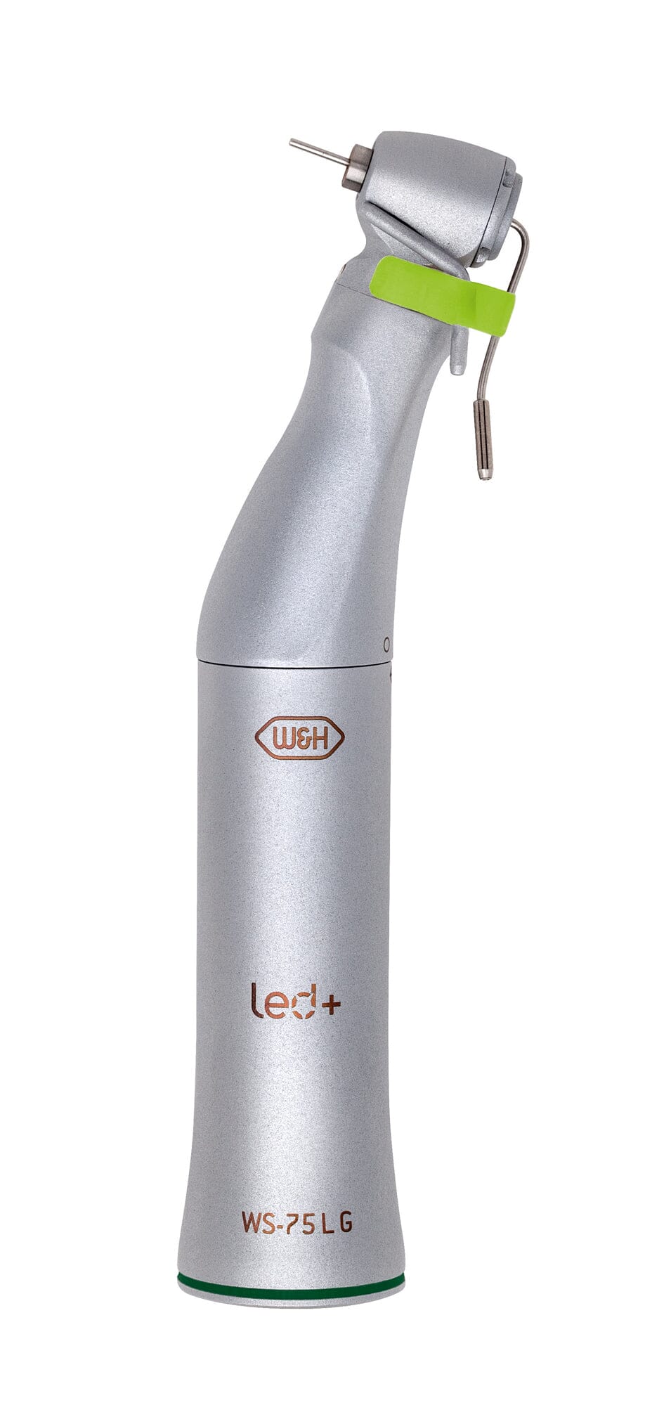 The W&H WS-75 Implant Contra-Angle Handpiece (20:1) is a silver, curved-head handpiece labeled W&H, led+, and WS-75 LG. It features a green accent near the head and a metal attachment point for implant site preparation.