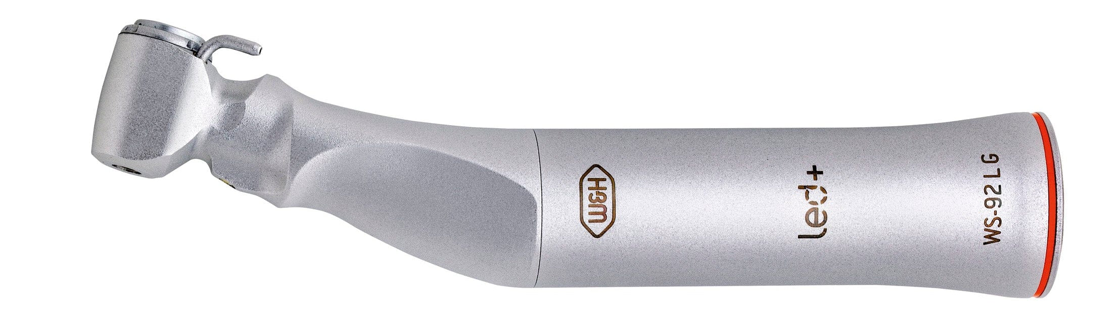 The W&H WS-92 Surgical Contra-Angle Handpiece (1:2.7 Increasing Speed) features a sleek silver design, an angled head, a distinctive orange ring at the end, and is branded with “W&H” and “LED+ WS-92 LG.”.