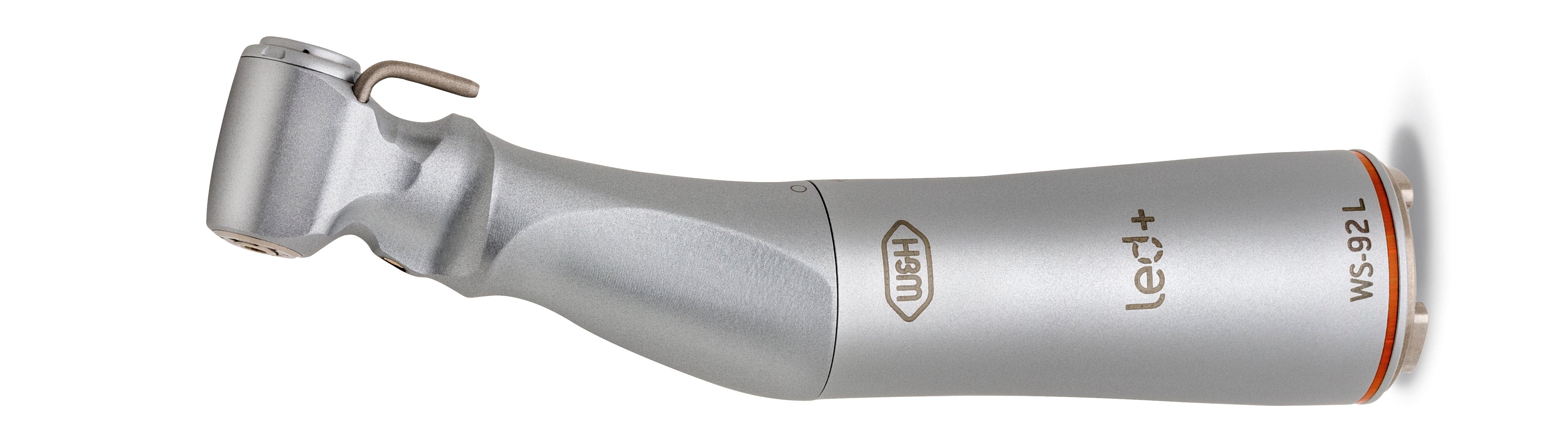 The W&H WS-92 Surgical Contra-Angle Handpiece is a silver, angled-head handpiece marked “LED+” and “WS-92 L,” featuring an LED light and 1:2.7 increasing speed.
