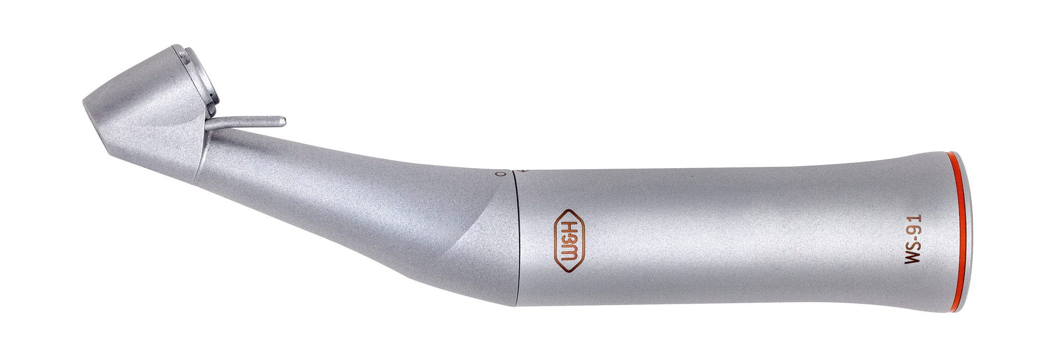 The W&H WS-91 45° Surgical Contra-Angle Handpiece (1:2.7 Increasing Speed) features a sleek silver design, an angled head, and is ideal for wisdom tooth surgery.