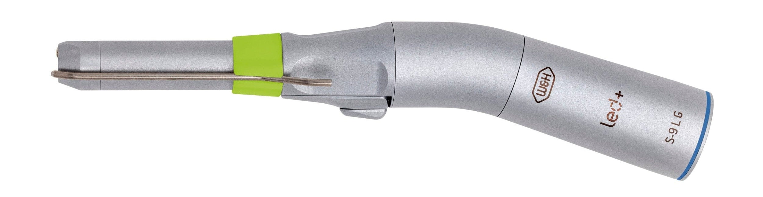 The W&H S-9LG self-generating LED Angled Surgical Handpiece (1:1) by W&H features a green irrigation cannula accent ring, ergonomic grip, and angled head for efficient bone cutting in oral surgery.