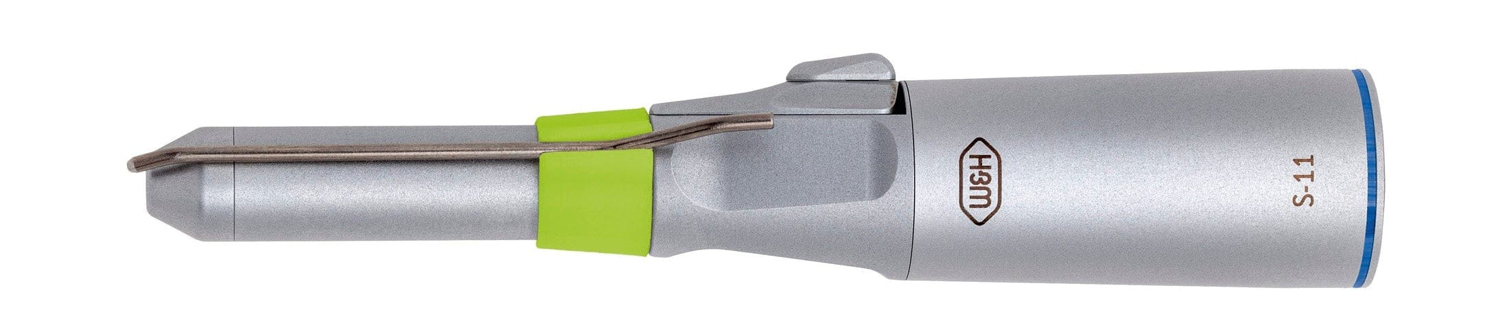 The W&H S-11 Straight Surgical Handpiece (1:1) lies horizontally on white background, showcasing its silver body, green ring near the top, and side metallic lever—ideal for precision in oral surgery.