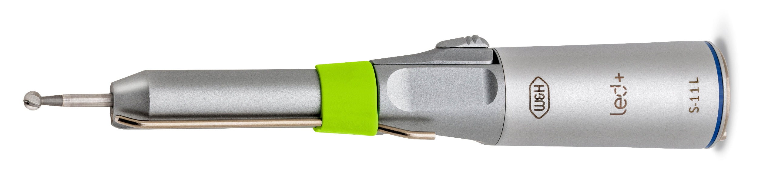 The W&H S-11L  LED Straight Surgical Handpiece (1:1) lies horizontally on white background, showcasing its silver body, green  irrigation tube ring near the top, and side metallic lever—ideal for precision in oral surgery.  A round carbide bur is seated inside the neck of the handpiece.