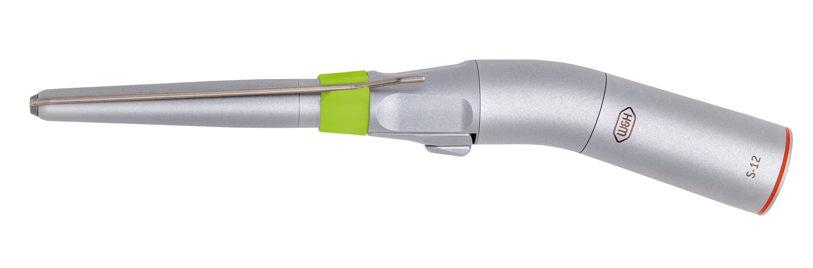 The W&H S-12 Angled Surgical Handpiece (1:2 Increasing Speed) is a silver handpiece with a green band and angled head, used for oral surgery procedures such as distal osteotomy.